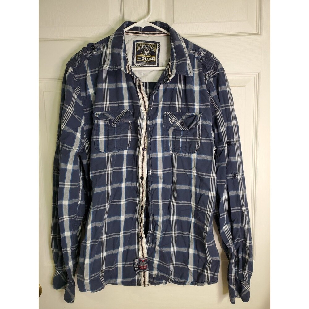 Company 81 Men Size XL Button Up Long Sleeve Shirt Blue & White Plaid 100%Cotton